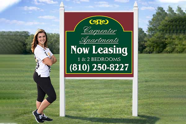 4x4 apartment leasing sign mounted outdoors with standard PVC post kit