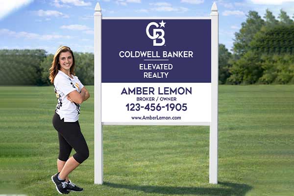 4x4 Coldwell Banker sign mounted outdoors with standard PVC post kit