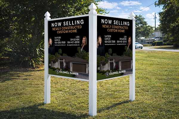 4x4 Coldwell Banker sign mounted outdoors with standard PVC post kit