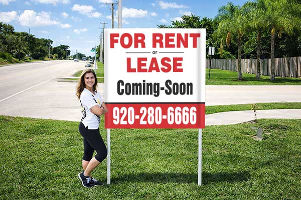 4x4 for rent sign with metal post kit installed outdoors