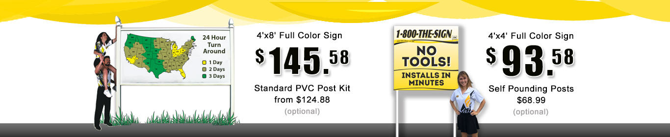 Commercial real estate signs in 4x8 and 4x4 sizes mounted on posts